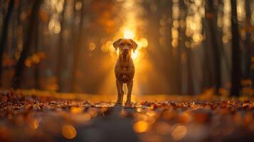 Golden retriever standing on a leaf-covered path in a sunlit forest during autumn photo
