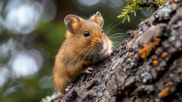 A close-up of a small brown rodent perched on a textured tree trunk amidst greenery photo
