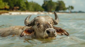 Water buffalo swimming in a serene lake with lush trees and a distant beach in the background photo