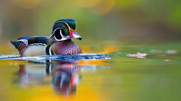 Colorful wood duck swimming gracefully on a serene lake with autumn foliage reflections photo