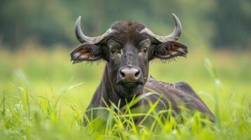 A serene water buffalo resting in a lush green field during a gentle rain, surrounded by nature photo