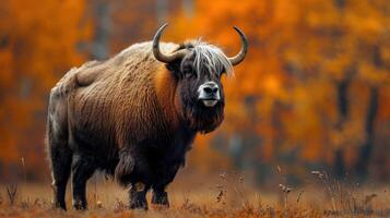 Majestic yak standing in a vibrant autumn landscape with colorful foliage in the background photo