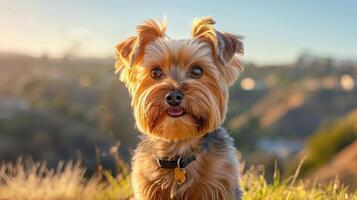 A playful Yorkshire Terrier poses in a sunny meadow with a scenic hillside background photo