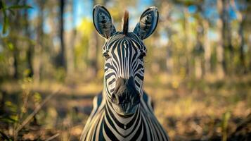 Close-up of a zebra resting in a sunlit forest, surrounded by trees and natural foliage photo