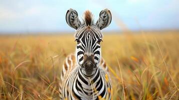Close-up of a zebra standing in tall grass with a blurred background of a savanna landscape photo