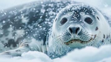 Close-up of a seal resting on snow with falling snowflakes in a serene winter landscape photo