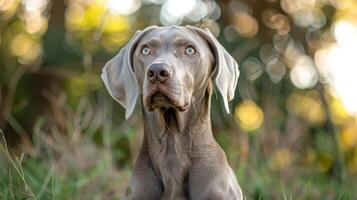 A majestic Weimaraner dog gazes thoughtfully while resting in a sunlit grassy field photo