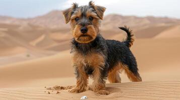 A small dog standing on sand dunes in a desert landscape, with mountains in the background photo