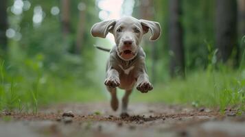 Energetic puppy running joyfully through a lush green forest path with blurred trees in background photo