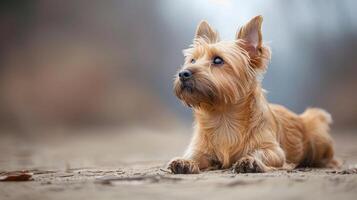 A curious dog lying on a sandy surface, gazing into the distance with a blurred forest backdrop photo