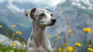 Grey dog standing in a vibrant flower field with mountains in the background, enjoying nature photo