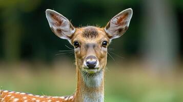 Close-up portrait of a serene deer in a lush forest, showcasing its delicate features and calm demeanor photo