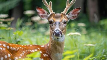 Majestic deer with antlers stands amidst lush green foliage in a serene forest setting photo