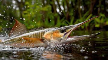 A vibrant fish leaps from the water in a lush, green environment, creating splashes around it photo