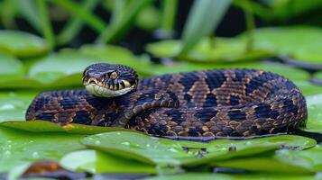 A striking snake resting on vibrant green lily pads in a serene water setting, surrounded by nature photo