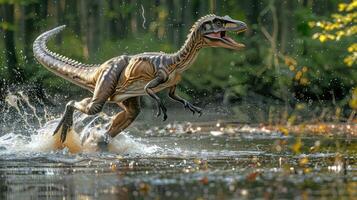 A dinosaur running through a forest stream, splashing water, surrounded by lush greenery and sunlight photo