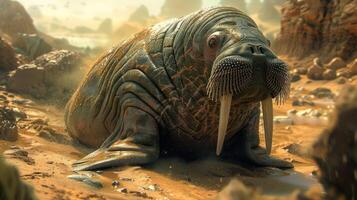 A surreal scene of a walrus-like creature resting on a sandy landscape with rocky formations photo