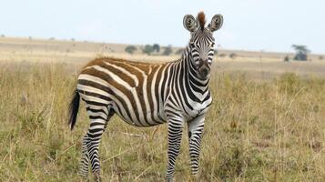 A solitary zebra stands in a grassy savanna, with distant trees under a clear sky photo