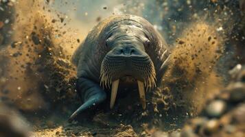 A walrus emerging from the ocean floor, creating splashes of sand and water in a dynamic underwater scene photo