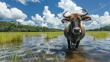 A solitary cow wades through a serene wetland under a bright blue sky with clouds photo