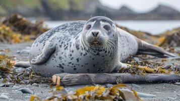 Seal resting on a beach surrounded by seaweed, with a misty coastline in the background photo