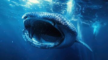 Majestic whale shark swimming gracefully in deep blue ocean waters, surrounded by bubbles and light photo