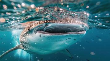 Close-up of a whale shark swimming gracefully in clear blue waters, surrounded by small fish photo