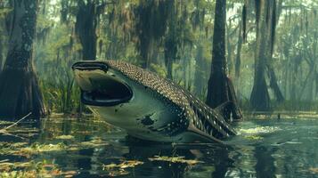 A large fish swimming through a lush swamp with trees and moss in the background, showcasing nature photo