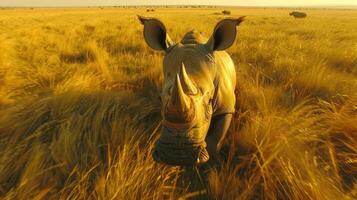 Close-up of a rhinoceros in golden grasslands during sunset, showcasing wildlife in nature photo