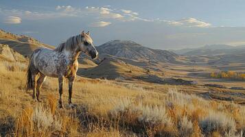 Majestic horse standing in golden grasslands with mountains and a serene sky in the background photo