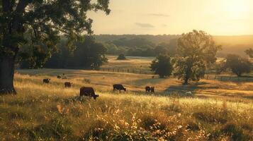Cows Grazing in a Serene Pasture at Sunset with Lush Greenery and Rolling Hills in the Background photo
