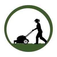 Icon of Person Mowing Lawn in Circular Green Frame vector