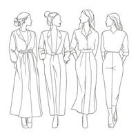 Outline of Women in Long Traditional Dresses with Tied Bows vector