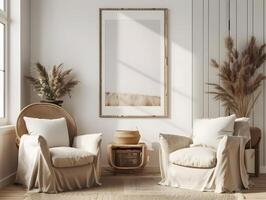 Two chairs in a room with a large mirror photo