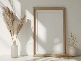 A white table with a vase of pampas grass and a frame photo