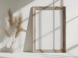 A white vase with a vase of pampas grass next to a frame photo