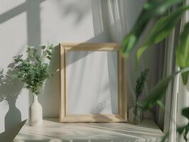 A white table with a vase of flowers and a framed mirror photo