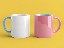 Two mugs on a yellow background with white and pink photo