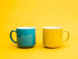Two colorful coffee mugs on a yellow background photo