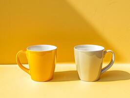 Two yellow coffee cups on a yellow background photo