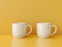 Two coffee cups with polka dots on a yellow background photo