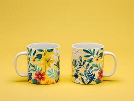 Two coffee mugs with colorful flowers on a yellow background photo