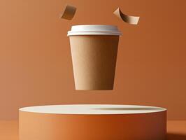 A coffee cup is floating in the air on a table photo