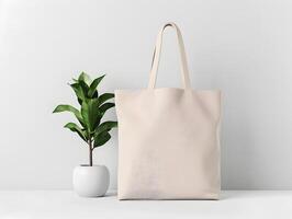 A white tote bag with a plant in front of it photo