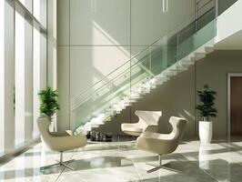 Modern office lobby with stairs and chairs photo