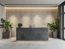Modern reception desk in a modern office with plants photo