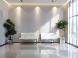 Modern office lobby with white walls and potted plants photo