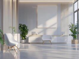 Modern office lobby with white walls and large windows photo