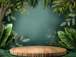 Wooden table with green leaves and plants on a dark background photo