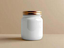 White jar with golden lid mockup on beige background photo